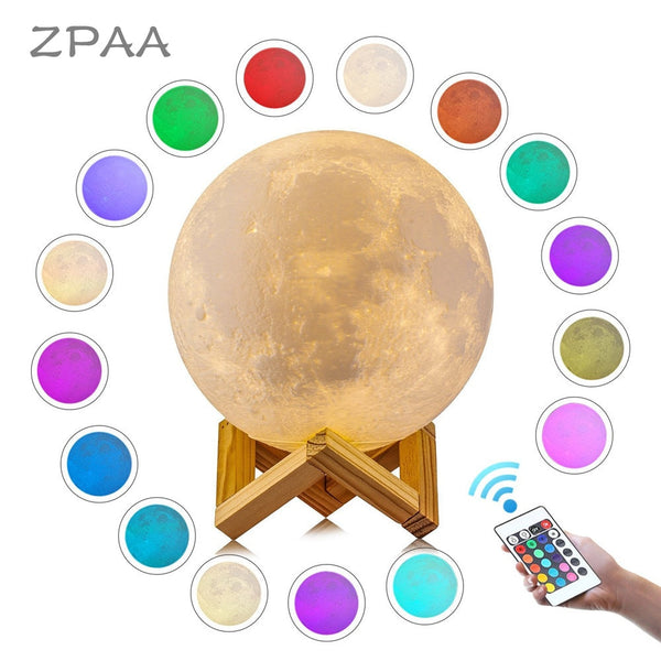 3D Moon Lamp Printed Night Light Remote Control/Touch LED Lunar Moonlight Globe Ball with Wood Stand Base for Kids Bedroom